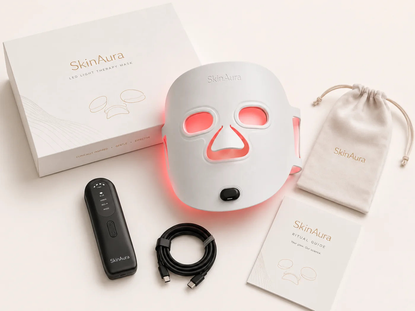 The SkinAura ivory box opened — the glowing mask, wireless remote, USB-C cable, silk pouch and ritual guide