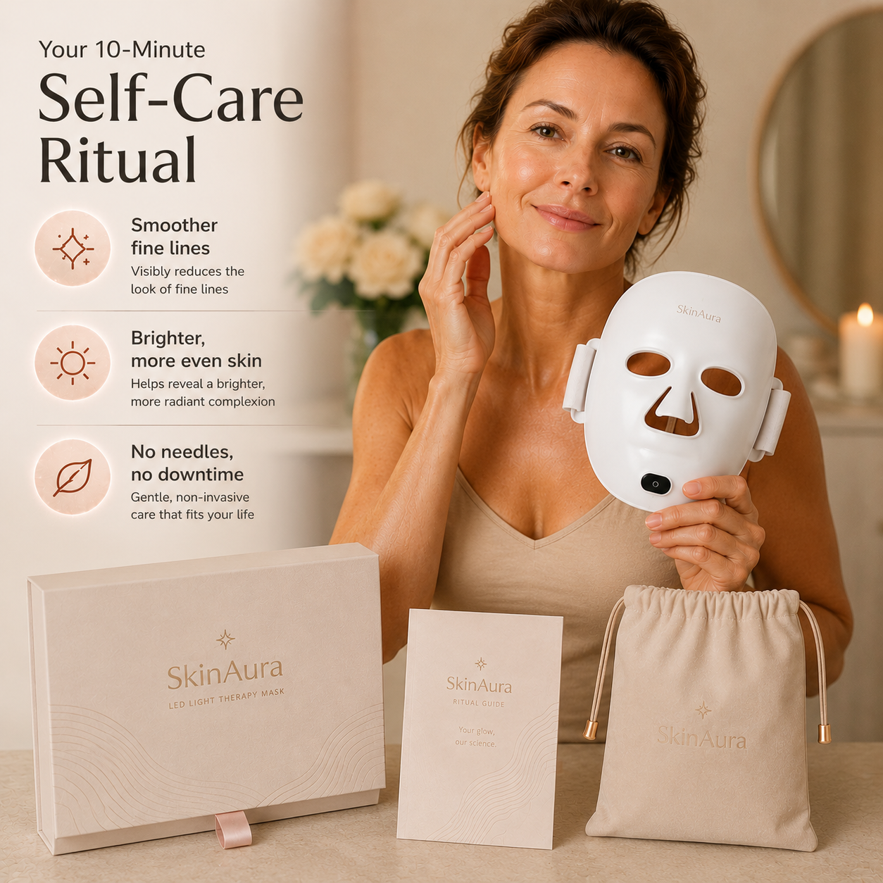 The SkinAura ivory box opened — the glowing mask, wireless remote, USB-C cable, silk pouch and ritual guide