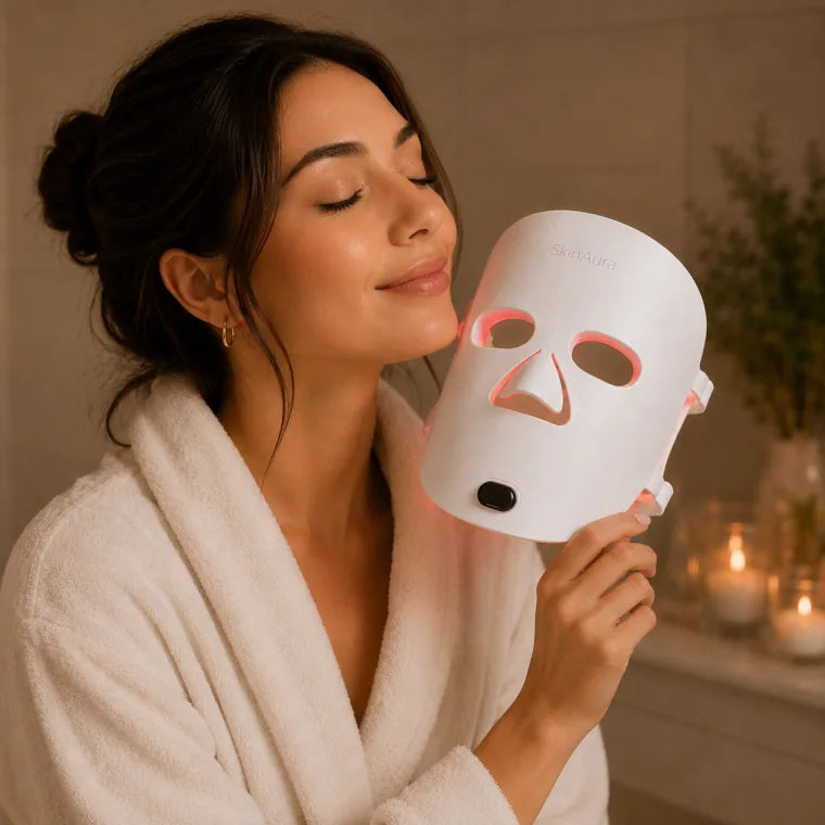 Camille holding The Aura™ mask