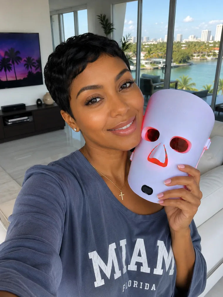 Jasmine holding The Aura™ mask