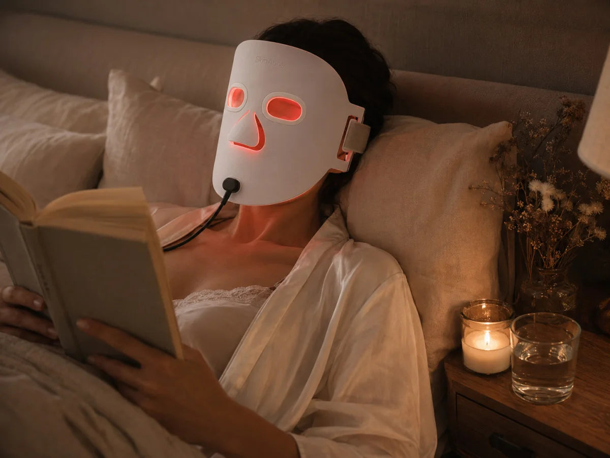 A woman reclining in bed at night reading, wearing the glowing SkinAura mask, candle and water glass on the nightstand