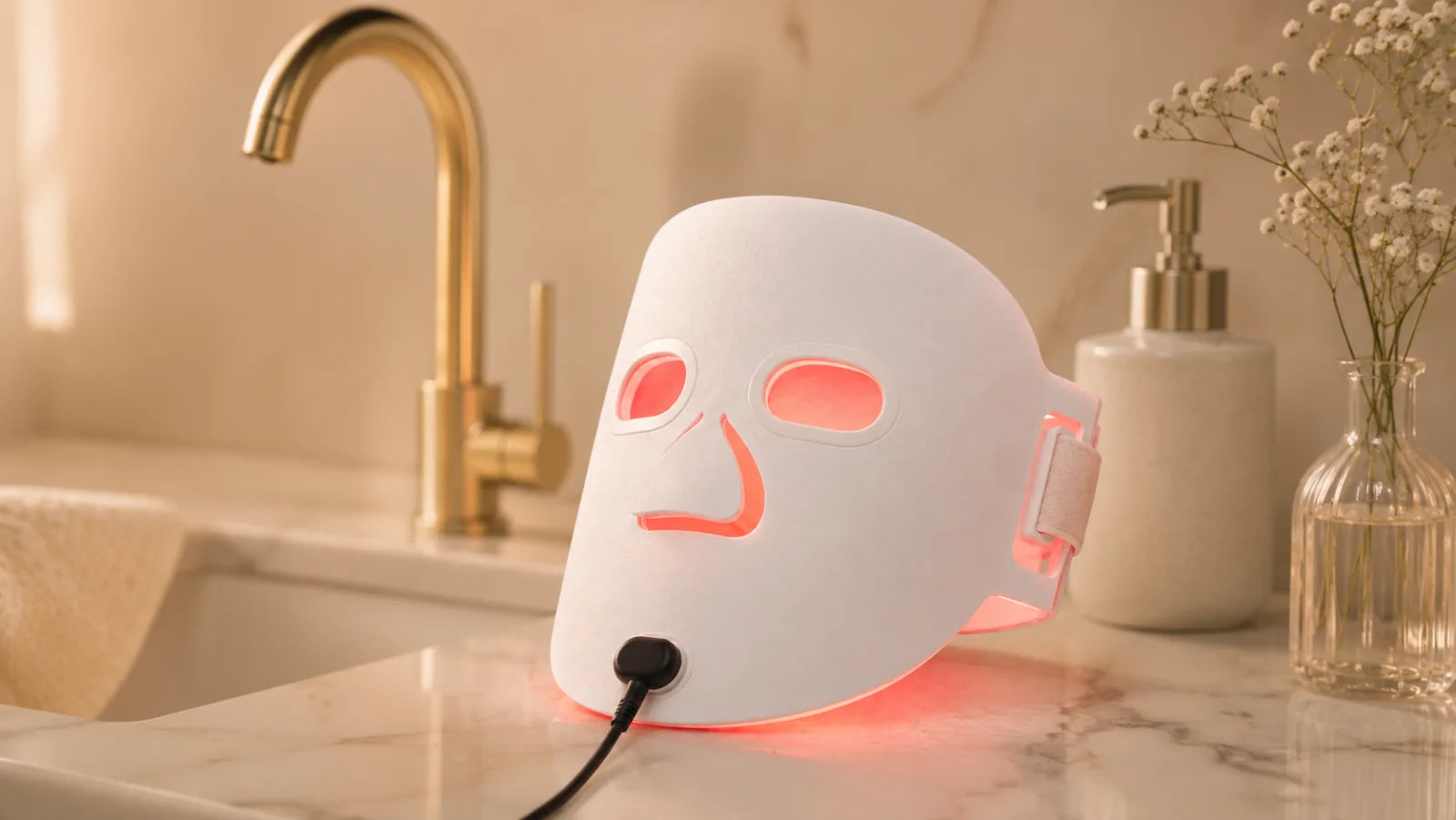 The glowing SkinAura mask resting on a marble bathroom counter beside a gold faucet, soap dispenser and baby's-breath