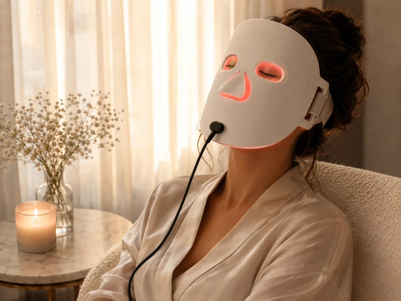 A woman in a silk robe resting in an armchair by a sunlit window at golden hour, wearing the glowing SkinAura mask
