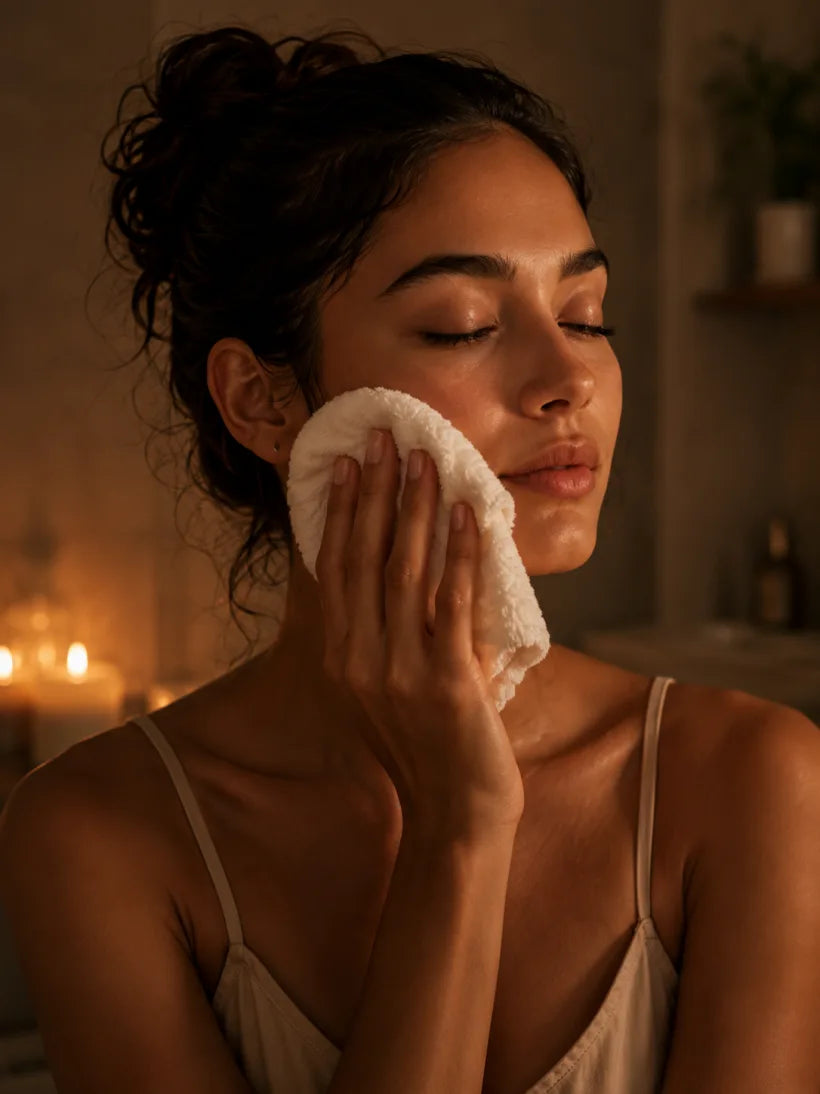 Cleansing the skin with a warm cloth by candlelight