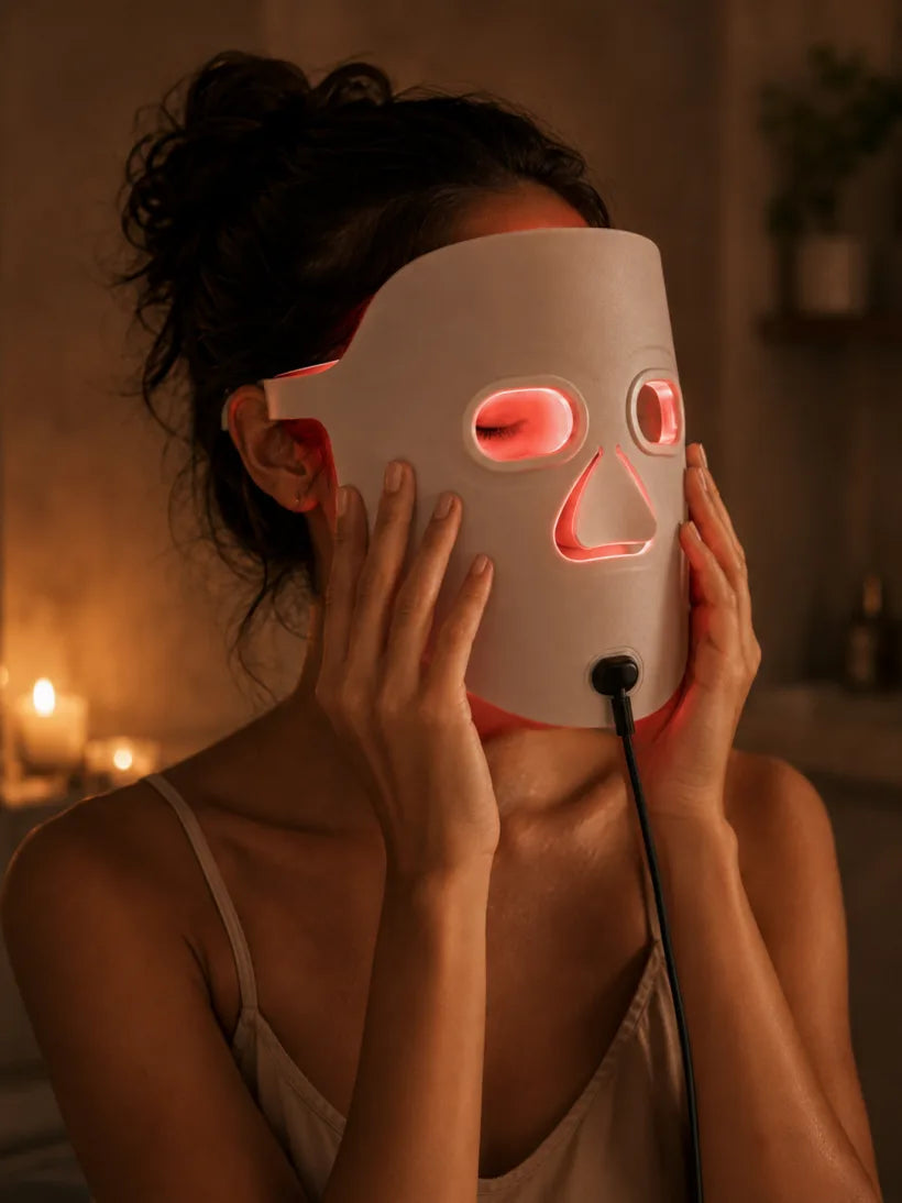Slipping on The Aura™ light therapy mask
