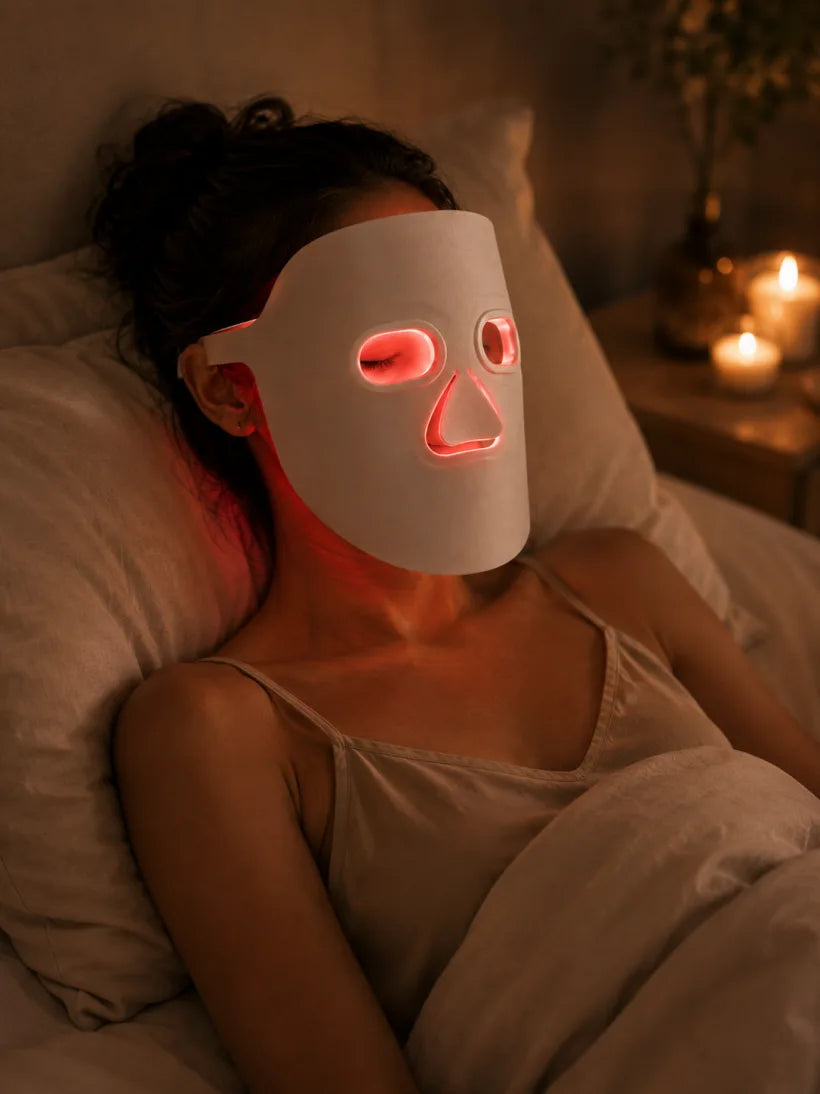 A woman reclining in bed with her eyes gently closed, wearing The Aura™ LED mask in its soft red glow by candlelight