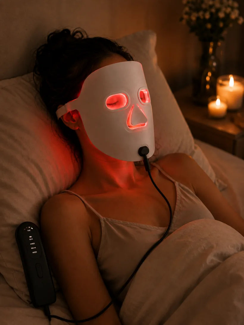 Resting in bed by candlelight wearing the glowing mask