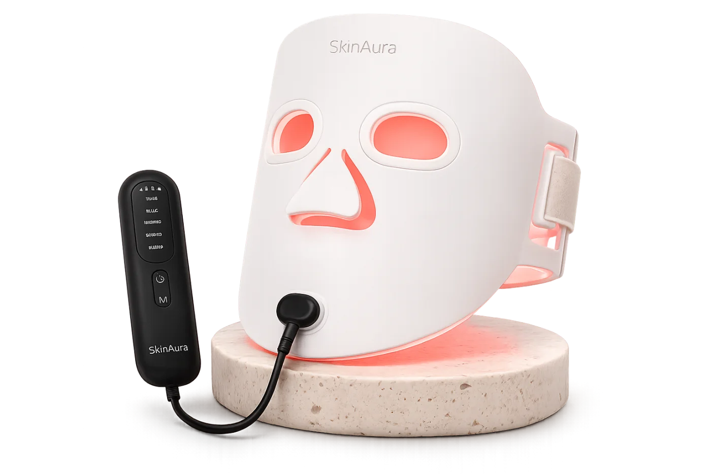 The Aura™ mask on a travertine display stand with its remote, lit in red light