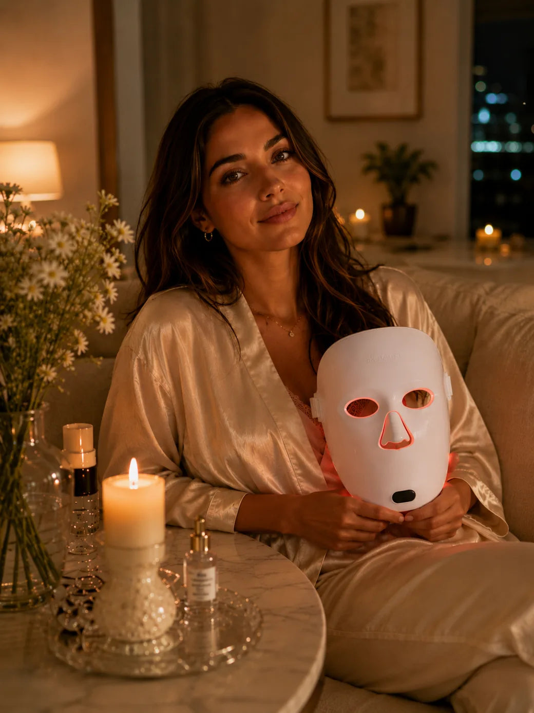 SkinAura's founder, in her evening robe, holding The Aura™ mask by candlelight