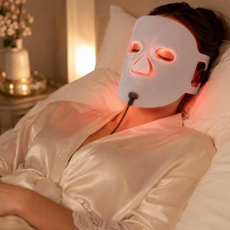 A woman relaxing in bed wearing The Aura™ mask