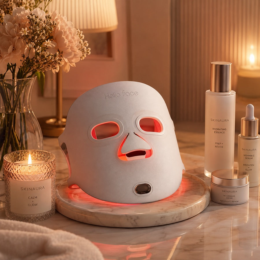 The Aura™ mask on a marble tray with candle and skincare