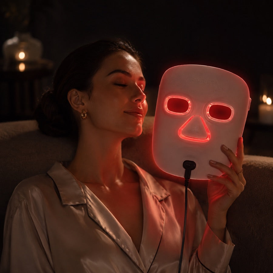 A woman holding the glowing Aura™ mask by candlelight