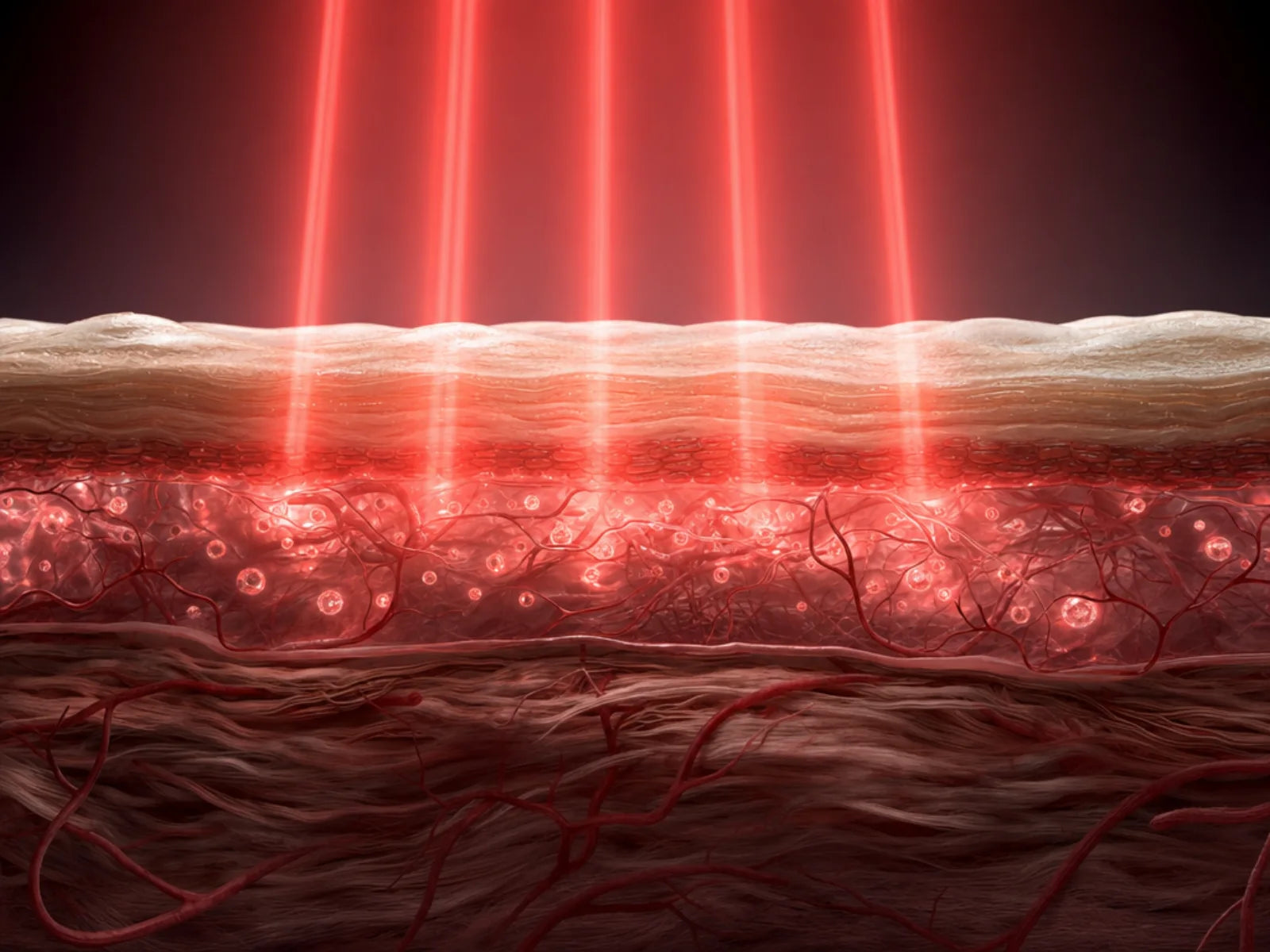 3D cross-section visualizing 633 nm red light penetrating about 1 mm into the papillary dermis layer of skin, illuminating fibroblast cells from within