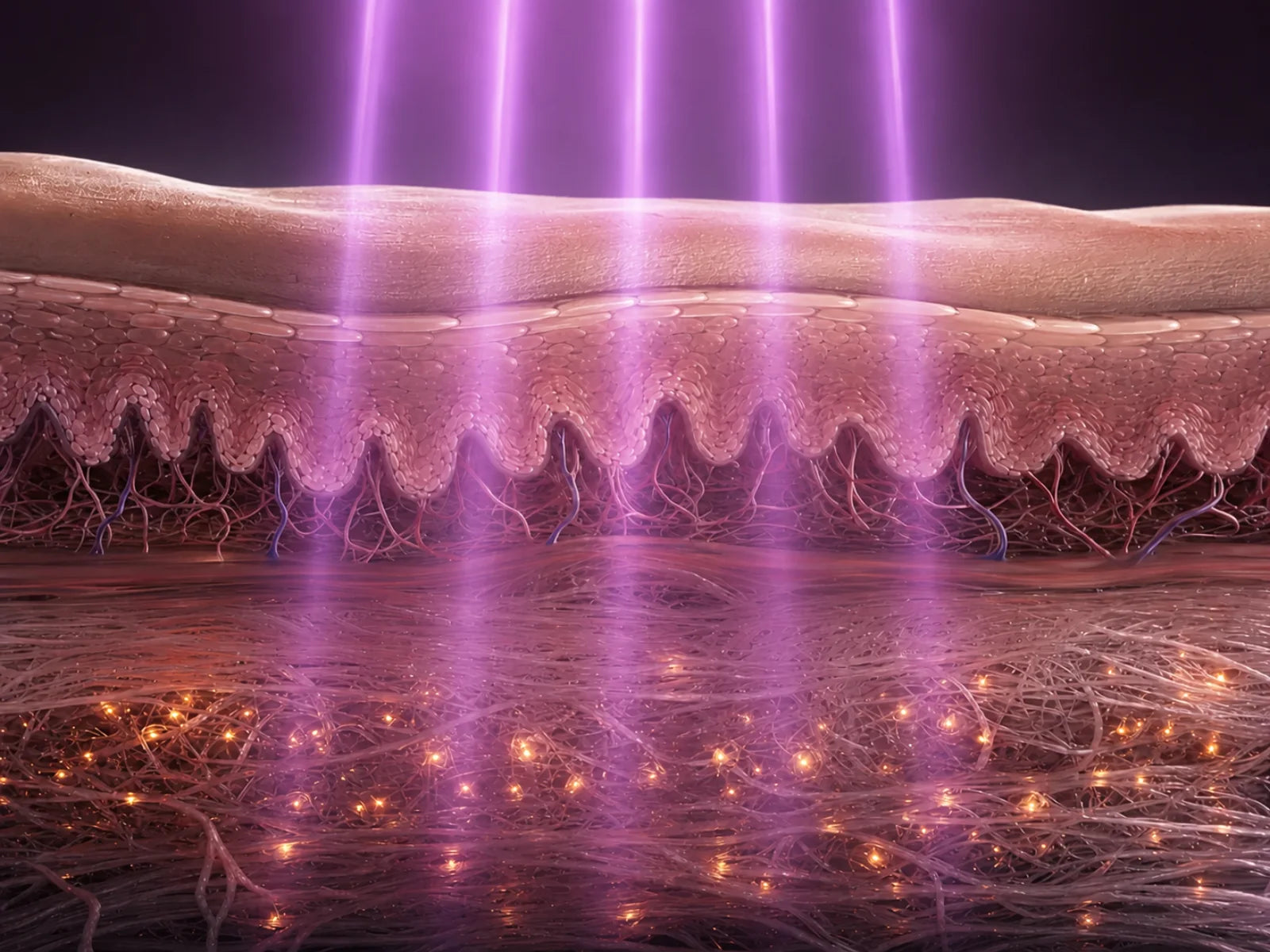 3D cross-section visualizing 830 nm near-infrared light penetrating about 3 mm into the reticular dermis, reaching mitochondria-rich tissue which glows where the light arrives