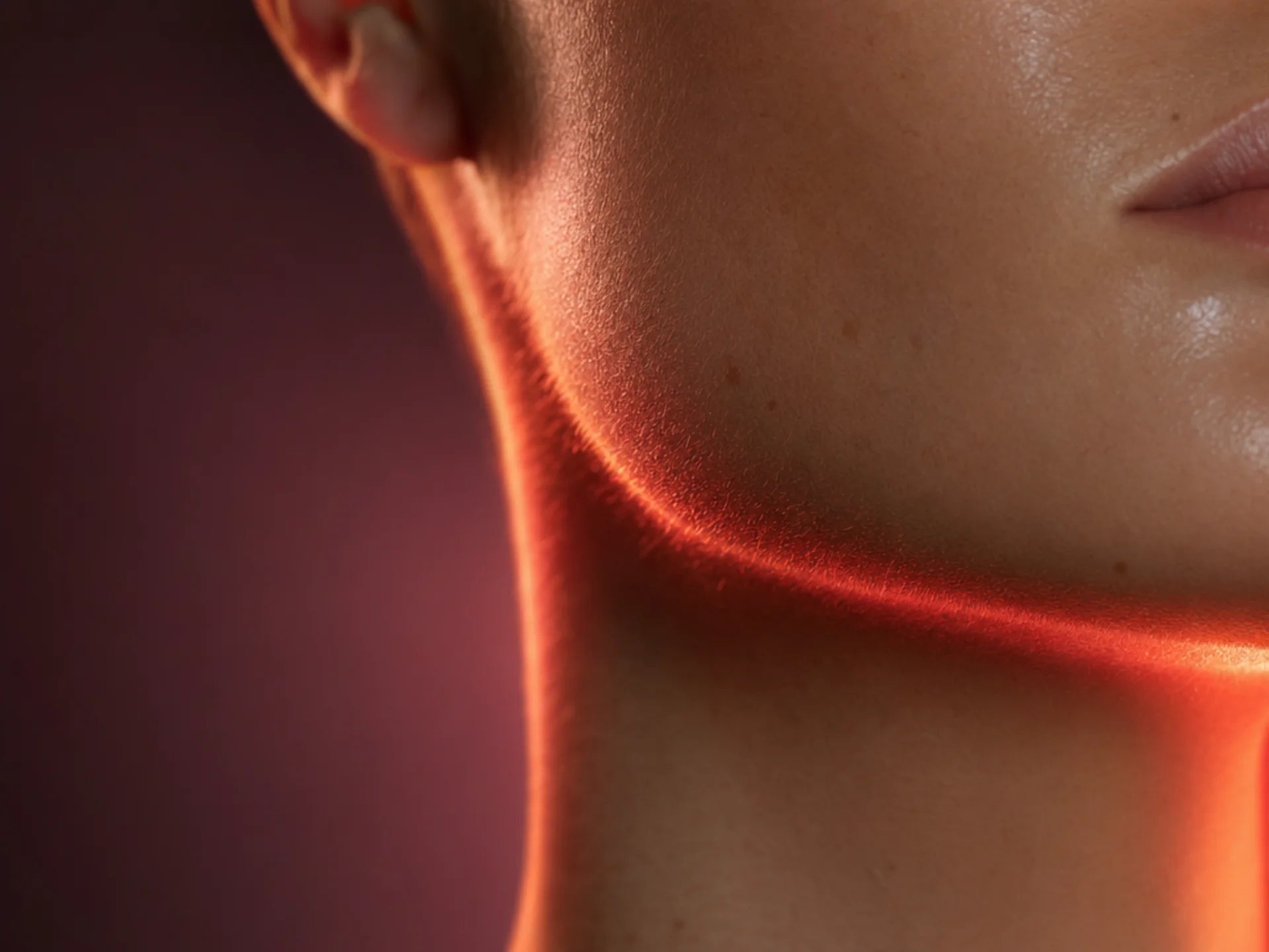 Macro photograph of a woman's jawline and neck bathed in warm coral-red LED therapy light, evoking a quiet evening ritual