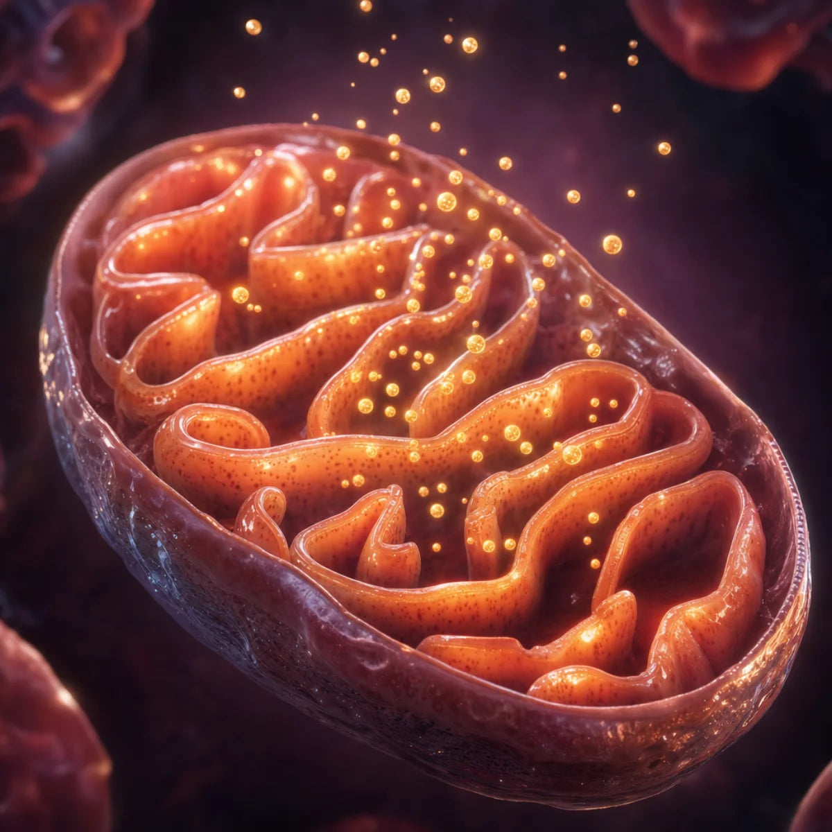 3D rendering of a mitochondrion with photons being absorbed at the cristae folds