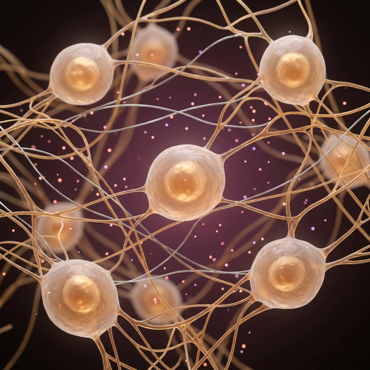 3D rendering of energised cells glowing with internal warmth, ATP molecules visualised as golden particles