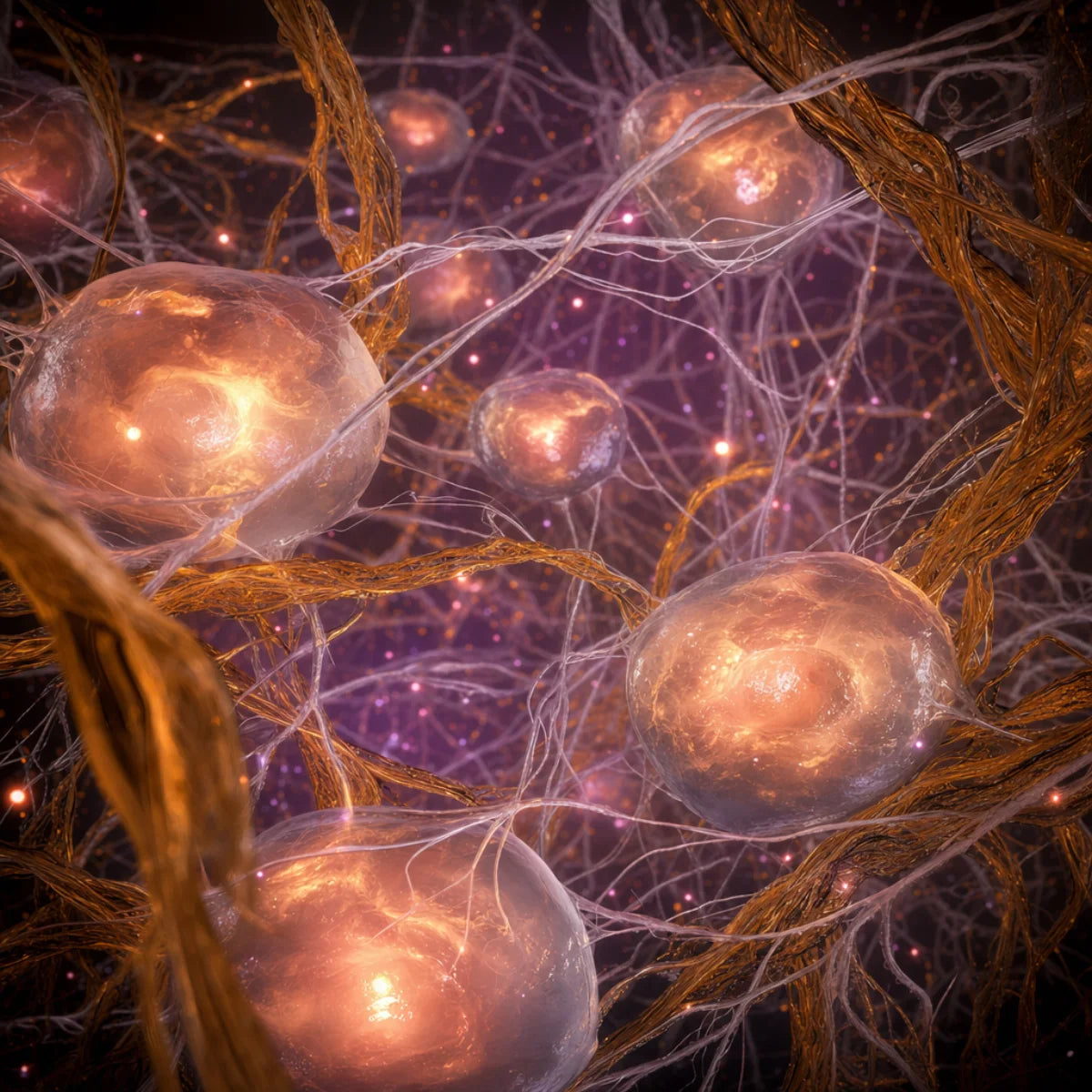 3D rendering of active fibroblast cells in a collagen and elastin matrix, the dermal layer at work